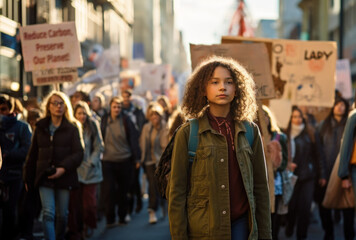 Adolescent girl poses in front of a crowd protesting climate change