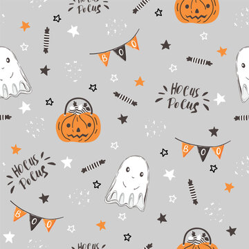 Grey happy halloween seamless repeat pattern, ghost, pumkin, words, text boo, candy, stars, dots, orange, black, white, trick and treat perfect for paper, wrapping and party decoration.