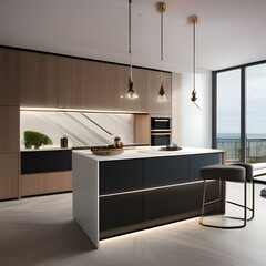 A modern, open-concept kitchen with a waterfall edge island, pendant lighting, and clean lines3