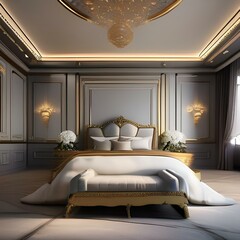 A luxurious, Rococo-inspired bedroom with opulent furnishings, gold accents, and intricate details4