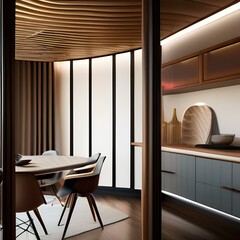 A vintage, mid-century modern dining room with Eames chairs, a retro light fixture, and teak furniture2