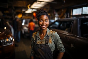 middle aged afro american woman working in a car workshop gender equality