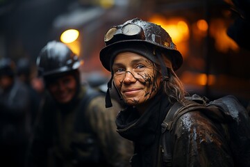 middle aged woman working in a mine covered in dirt and grease Gender equality