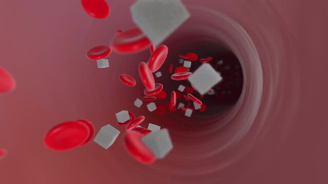 Red blood cells and diabetic cubes flowing through the artery