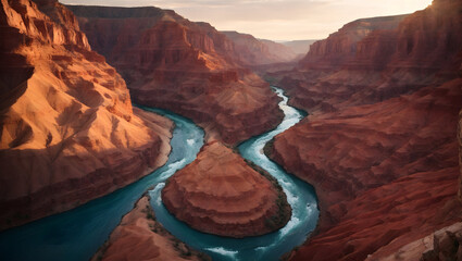 deep long winding canyon of the blue river, red earth of the canyon, sunset - obrazy, fototapety, plakaty