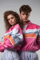 A young couple of models posing in vibrant color sports clothes and 80s or 90s hairstyles. Sport fashion retrospective. 
