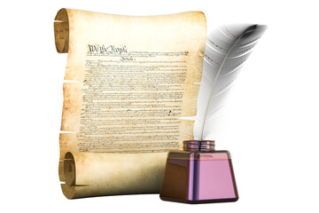 Roll of papyrus with Constitution of the United States and feather, 3D rendering isolated on transparent background