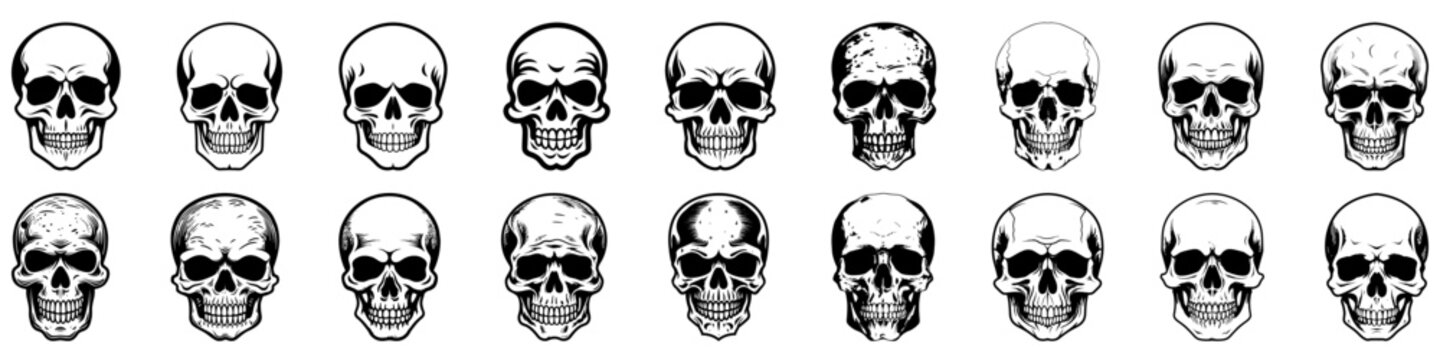 Human skulls set. Skull silhouettes. Skull icons set. Collection of skulls