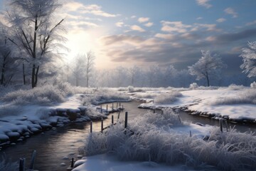 Obraz na płótnie Canvas Winter landscape with small river, field and trees. Idyllic, scenic nature. 