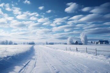 Snow covered road to beautiful village. Winter natural background