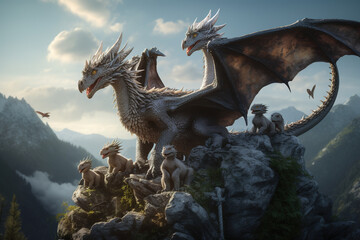A dragon nest perched high on a mountain cliff, with baby dragons playfully interacting with each other while the mother dragon watches protectively