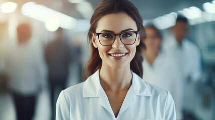 eautiful young woman scientist wearing white coat and glasses in modern Medical Science Laboratory with Team of Specialists on background - obrazy, fototapety, plakaty