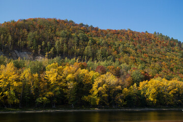 Obraz premium autumn trees in the mountains. blue lake in the autumn forest with yellowed leaves. Fall colours in the woods.