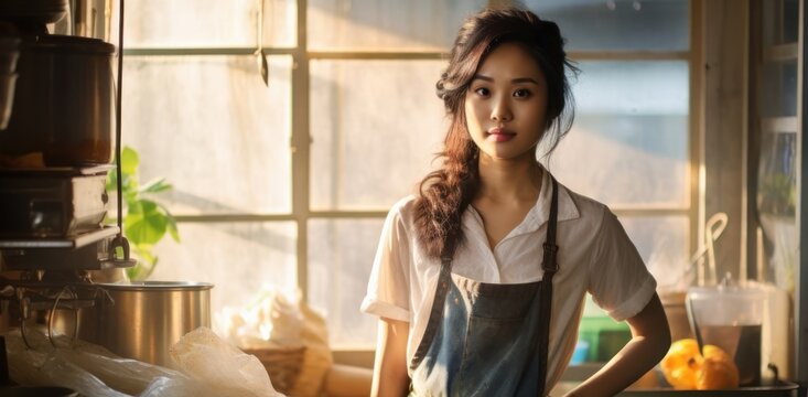 Asian Woman Food Preparation Worker Industry Professional Background Generative AI