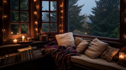 A bay window with a cozy reading nook, complete with cushions and a throw blanket.