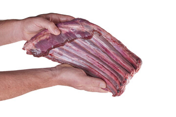 Butcher holding the ribs of a deer meat isolated on white