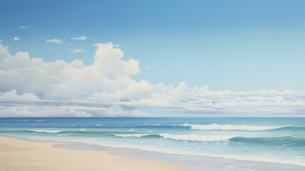 Fototapeta na wymiar A beach scene with sand, sea, and sky in varying shades of blue and beige.
