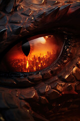 Close-up of a dragon's eye, reflecting a burning city below. The intensity and sorrow in its gaze reveal a deep, unspoken story