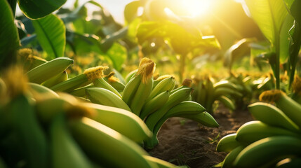 Fototapeta na wymiar Fresh banana in the field and plantation under the sun light. Created using generative AI.