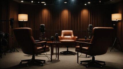 Podcasting room, with plush chairs, professional microphones, and soft lighting against a dark backdrop.