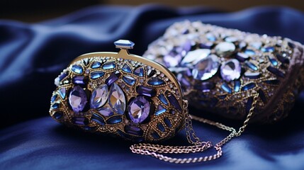 A beaded clutch purse lying next to a pair of elegant earrings.