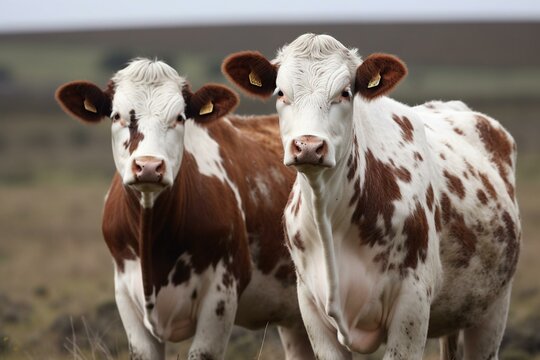 A pair of bovine animals with a mix of brown and white patches. Generative AI