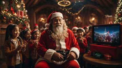 Santa connecting with children around the world through virtual reality. - obrazy, fototapety, plakaty