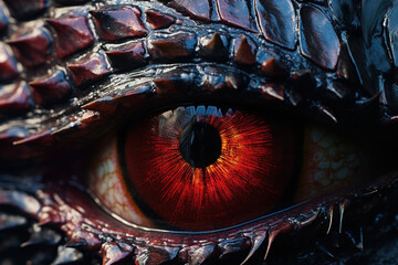 Close-up of a dragon's eye, reflecting a medieval castle and knights readying for battle. The dragon's scales glisten around its eye