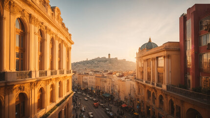 Fototapeta premium Cityscape at golden hour, with the last rays of sunlight gracefully illuminating the architecture.
