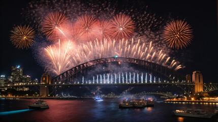 Stunning fireworks display over Harbour Bridge, with the bridge illuminated against the night sky as revelers welcome the new year. - Powered by Adobe