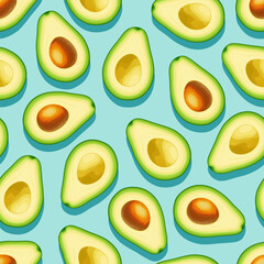 Avocado. Seamless avocado pattern on a blue background with shadow. Avocado cut in half. The design is great for wallpaper, fabric, labels, packaging.