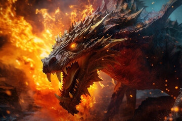 Close-up of a dragon's snout, tendrils of smoke escaping its nostrils. With a sudden burst, a torrent of flames engulfs the foreground, revealing the dragon's fierce and unyielding gaze