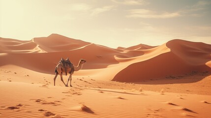 Camel walking in the desert at sunset