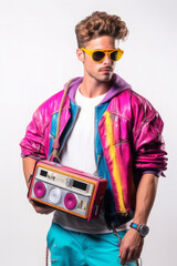 Handsome young man on a white background with boombox in his hand. 80s and 90s fashion concept, vibrant colors.