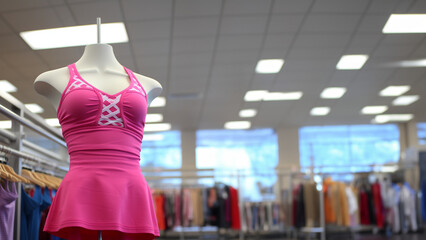 Modepuppe mit Sportoutfit in pink im Kaufhaus im Querformat für Banner, ai generativ - obrazy, fototapety, plakaty