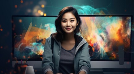 Naklejka premium Asian Woman Graphic Designer Professional Setting Generative AI