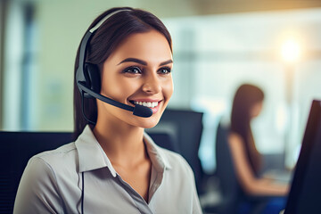 Call center agent with headset working on support hotline - AI Generated - obrazy, fototapety, plakaty