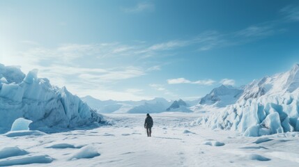 Lonely man walking in the middle of a glacier