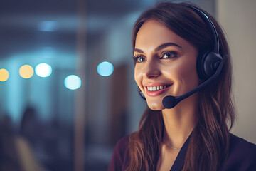 Call center agent with headset working on support hotline - AI Generated - obrazy, fototapety, plakaty