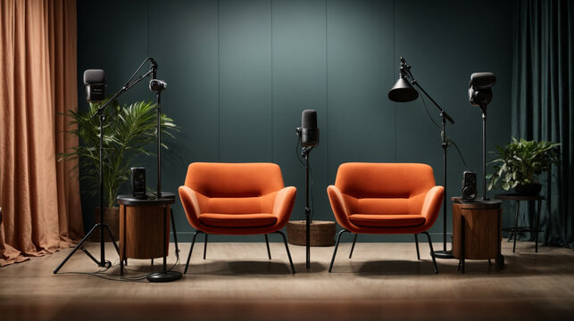 Podcast or interview setup with chairs and microphones, with a designated area for text overlays. - Powered by Adobe