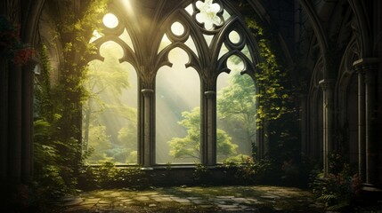 A cathedral-style arched window overlooking a tranquil forest.