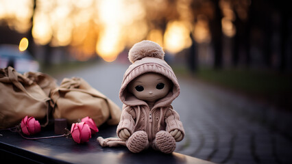 Naklejka premium Rosa Puppe sitzt auf der Sitzbank alleine im Querformat, ai generativ