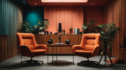 Fototapeta premium Podcast room, combining style and functionality with two chairs and microphones, with a clear banner section for adding podcast details.