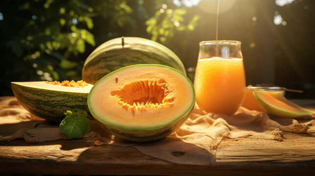 Cantaloupe smoothie on the table and forest background with sunny rays. Created using generative AI.
