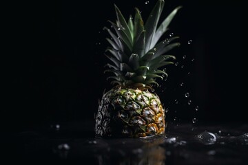 Pineapple immersed in water droplets on dark backdrop, delightful summer fruit. Generative AI