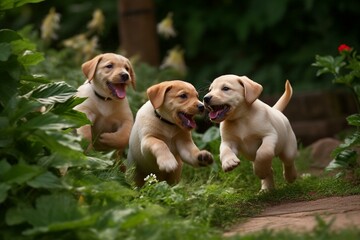 Three energetic puppies playing in a peaceful garden. Generative AI