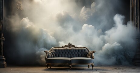 Furniture placed in white smoke background. - obrazy, fototapety, plakaty