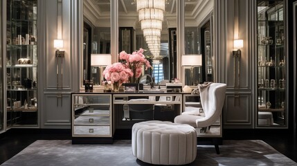 A chic and glamorous dressing room with mirrored walls, a vanity table, and luxurious seating, fit for a Hollywood star. - obrazy, fototapety, plakaty