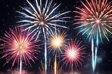 Obraz premium new year and christmas fireworks wallpaper, beautiful new year fireworks in the night, a illustration of xmas and new year celebration, new year 2024 fireworks in a night sky