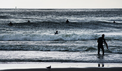 Fototapeta na wymiar people surfing on the beach